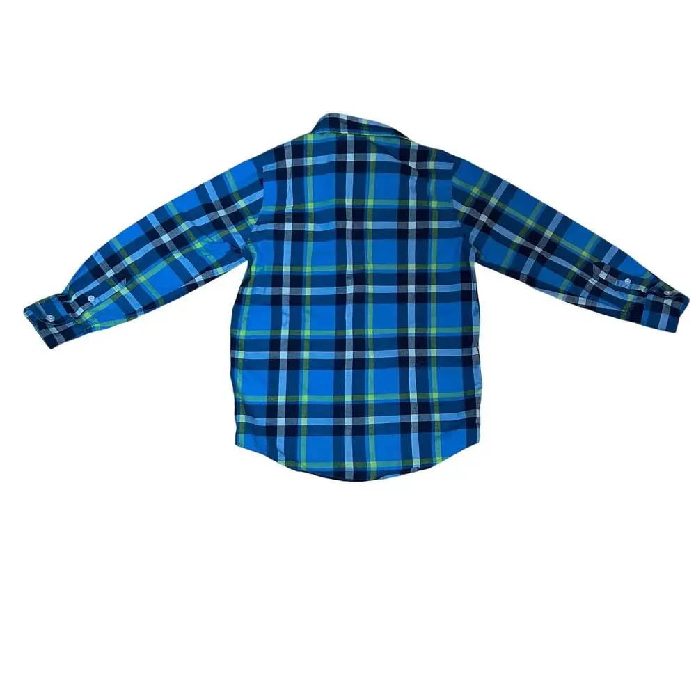 Cat & Jack Boys Blue Green Plaid Button Down S 6/7 FLAW